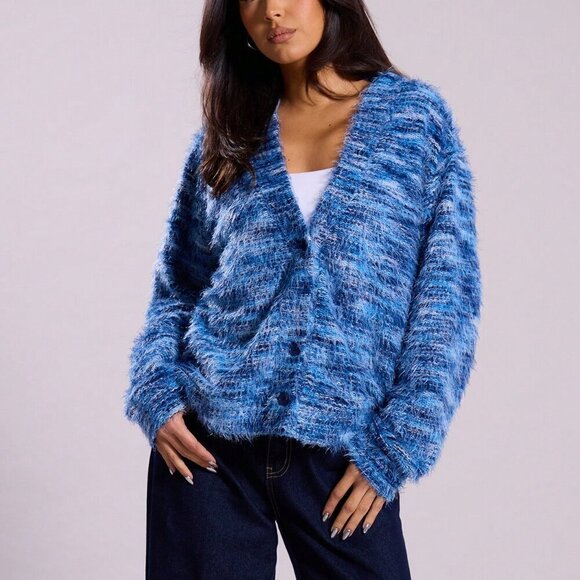 Blue Casual Women's Oversized Textured sweater cardigan - Picture 1 of 6